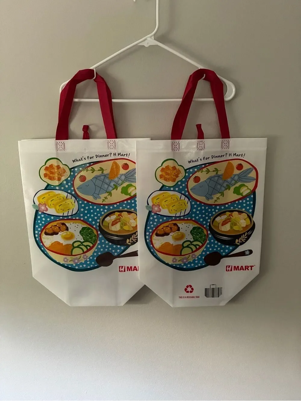H Mart Reusable Grocery Tote Bag - White with Colorful Food Print